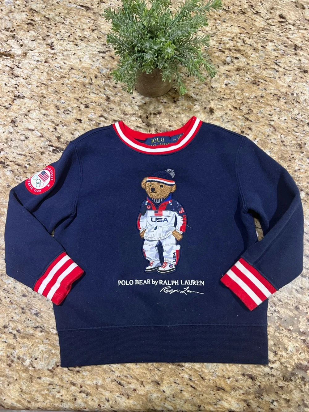 Ralph Lauren Navy Sweatshirt with Olympic USA Polo Bear and Red-Trim 3/3T